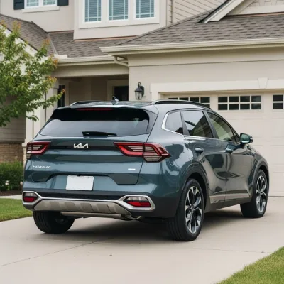 A modern Kia SUV parked in the driveway of a suburban home with a garage in the background. The vehicle is clearly visible but lacks readable logos.