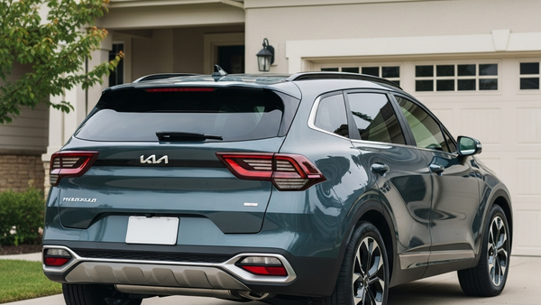 A modern Kia SUV parked in the driveway of a suburban home with a garage in the background. The vehicle is clearly visible but lacks readable logos.