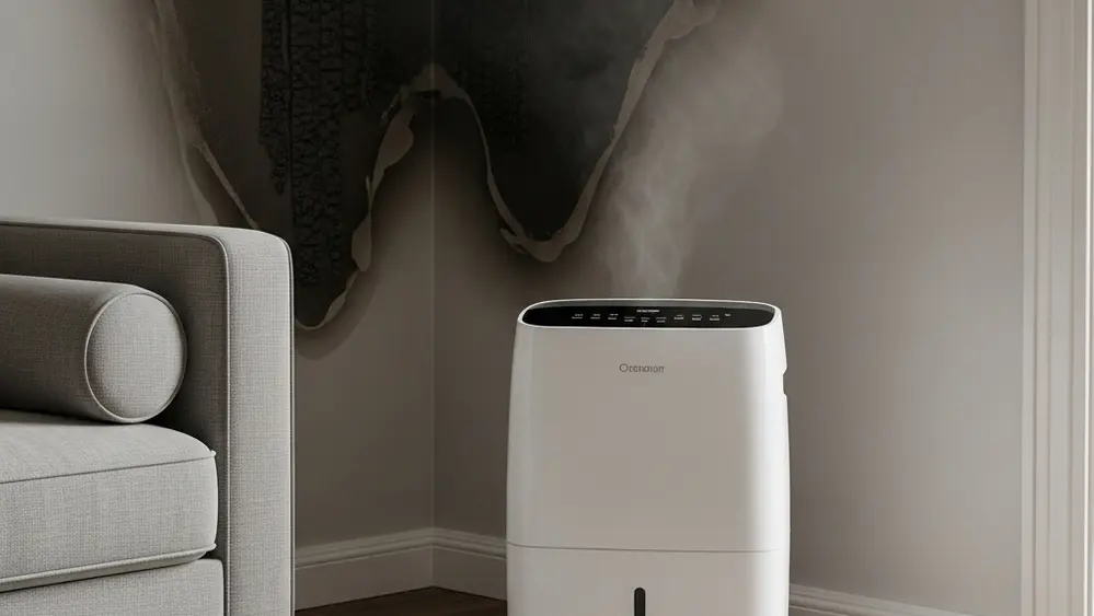 A white dehumidifier appliance standing in a living room corner with charred wall marks and smoke damage visible nearby.