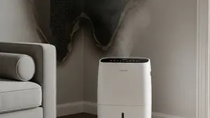 A white dehumidifier appliance standing in a living room corner with charred wall marks and smoke damage visible nearby.
