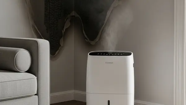 A white dehumidifier appliance standing in a living room corner with charred wall marks and smoke damage visible nearby.