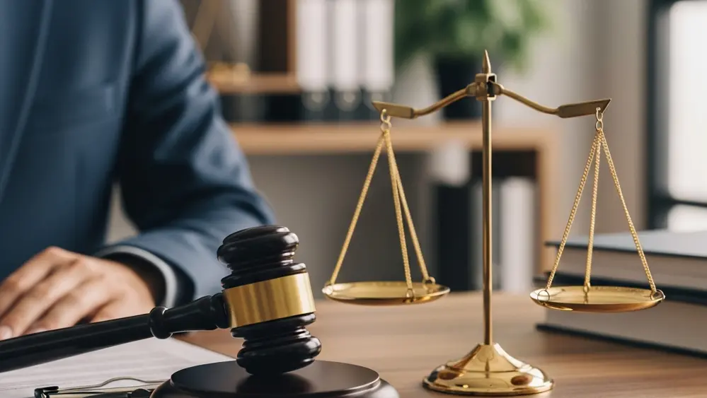 A gavel resting on a wooden desk next to scales of justice with a blurred office interior in the background.