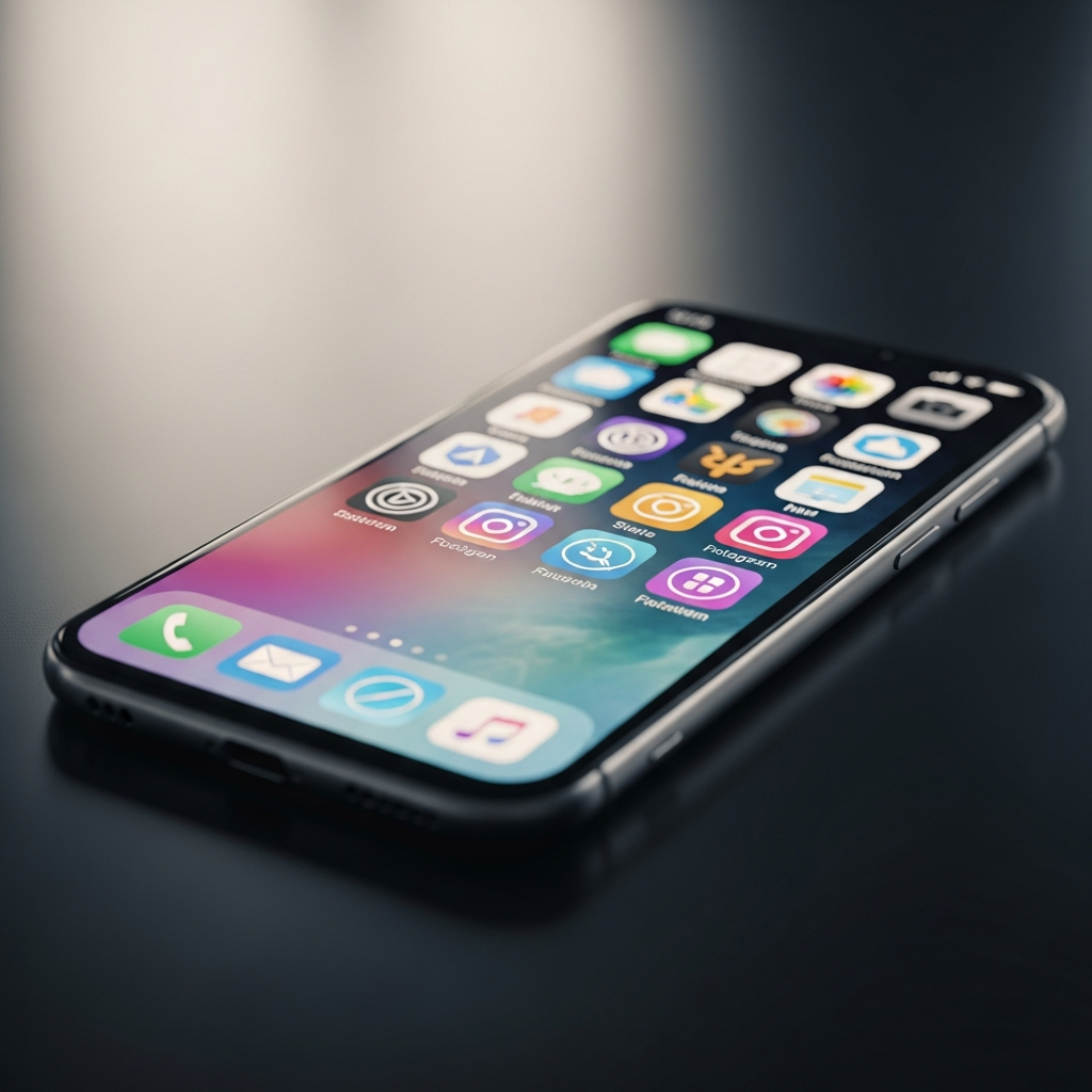 A smartphone displaying a colorful grid of app icons on a dark surface, symbolizing social media platforms, with soft ambient light highlighting the device.