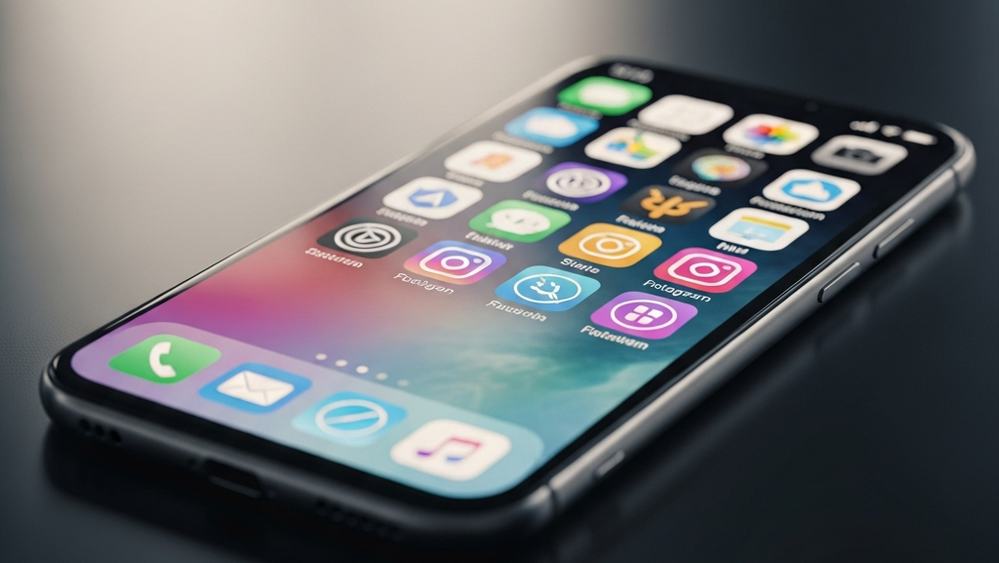 A smartphone displaying a colorful grid of app icons on a dark surface, symbolizing social media platforms, with soft ambient light highlighting the device.