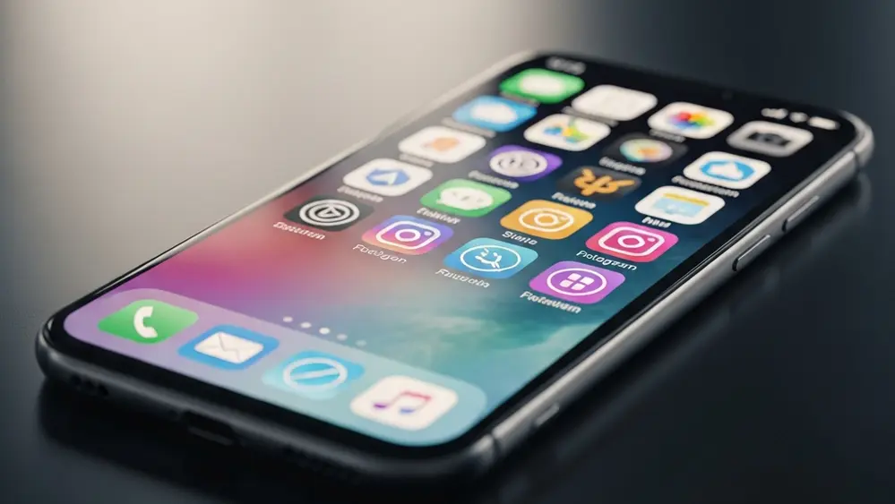 A smartphone displaying a colorful grid of app icons on a dark surface, symbolizing social media platforms, with soft ambient light highlighting the device.