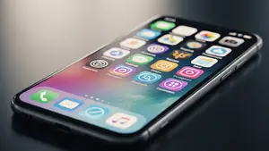 A smartphone displaying a colorful grid of app icons on a dark surface, symbolizing social media platforms, with soft ambient light highlighting the device.