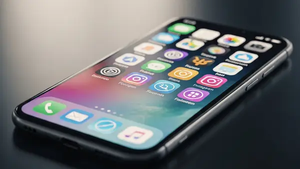 A smartphone displaying a colorful grid of app icons on a dark surface, symbolizing social media platforms, with soft ambient light highlighting the device.