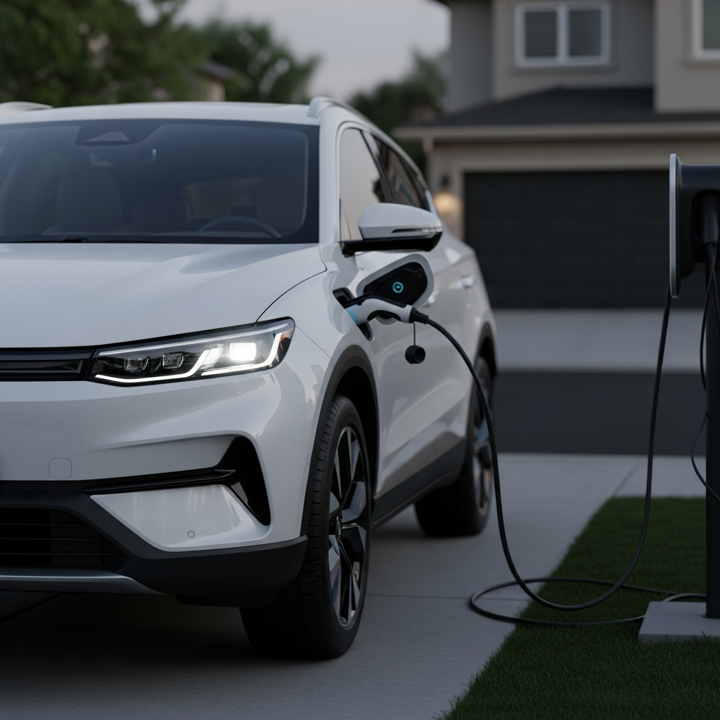 A white modern electric SUV plugged into a home charging station in a driveway, with a soft glow from the headlights and a clear view of the charging port.