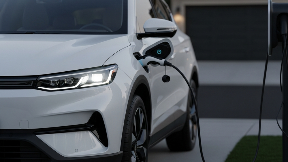A white modern electric SUV plugged into a home charging station in a driveway, with a soft glow from the headlights and a clear view of the charging port.