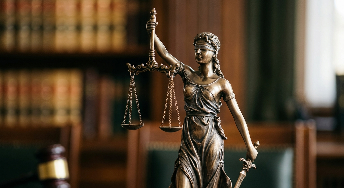 A close-up of a bronze lady justice statue holding scales in front of a blurred legal library background.