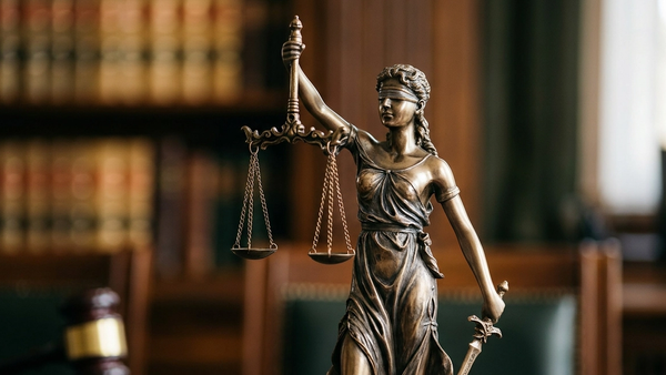 A close-up of a bronze lady justice statue holding scales in front of a blurred legal library background.