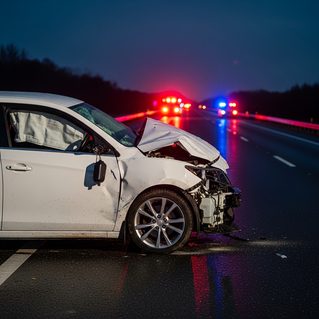 A heavily damaged white passenger sedan resting on a darkened highway shoulder with emergency vehicle lights reflecting on the pavement in the distance.