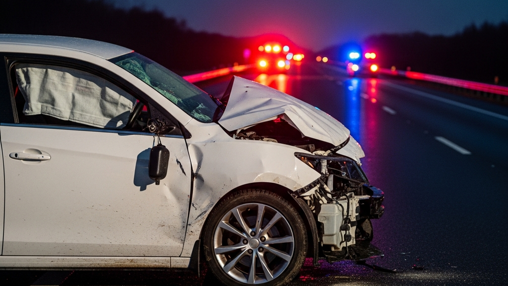 A heavily damaged white passenger sedan resting on a darkened highway shoulder with emergency vehicle lights reflecting on the pavement in the distance.