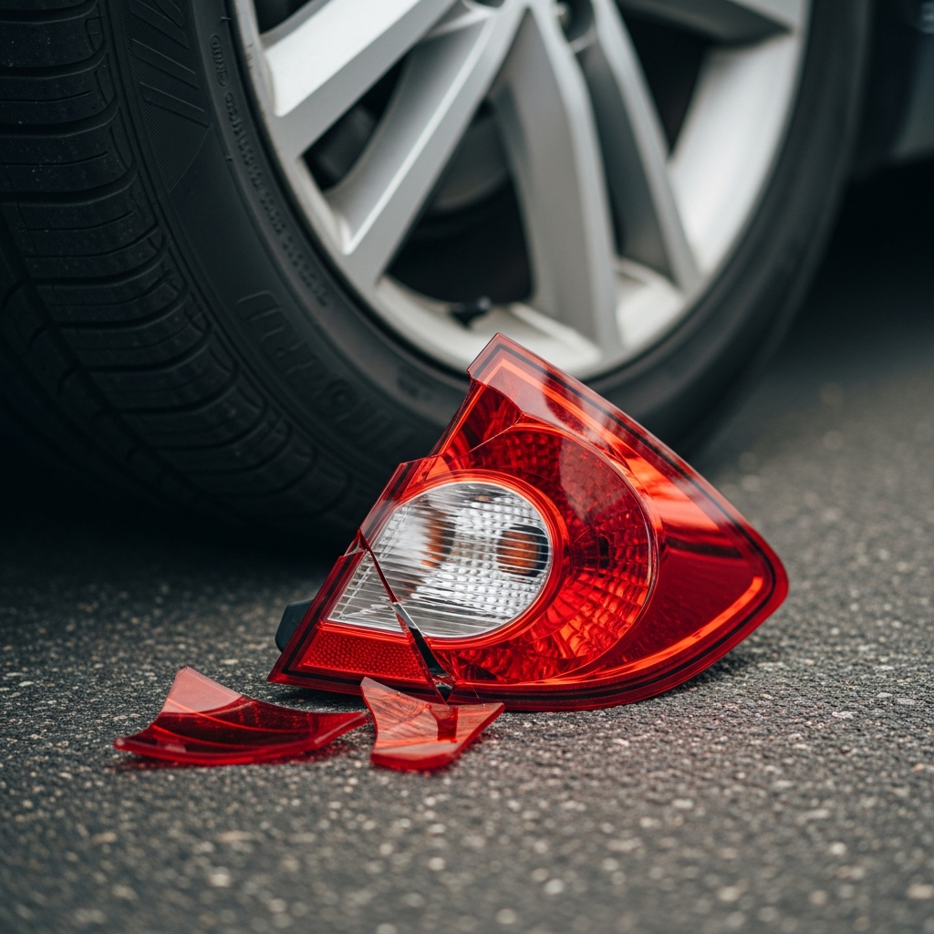 A close-up of a shattered red taillight on the ground next to a car tire on asphalt.