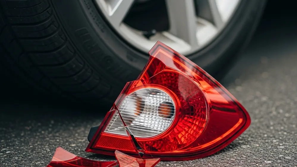 A close-up of a shattered red taillight on the ground next to a car tire on asphalt.