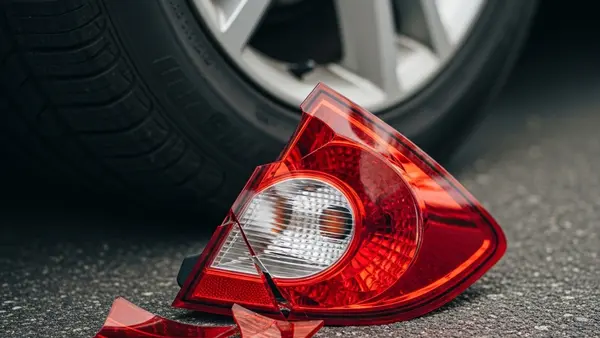 A close-up of a shattered red taillight on the ground next to a car tire on asphalt.