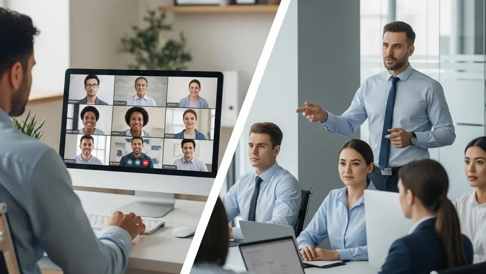 A split-screen illustration showing a professional in a home office with various clients on a screen versus a group of workers in a corporate office setting following a supervisor's direction.