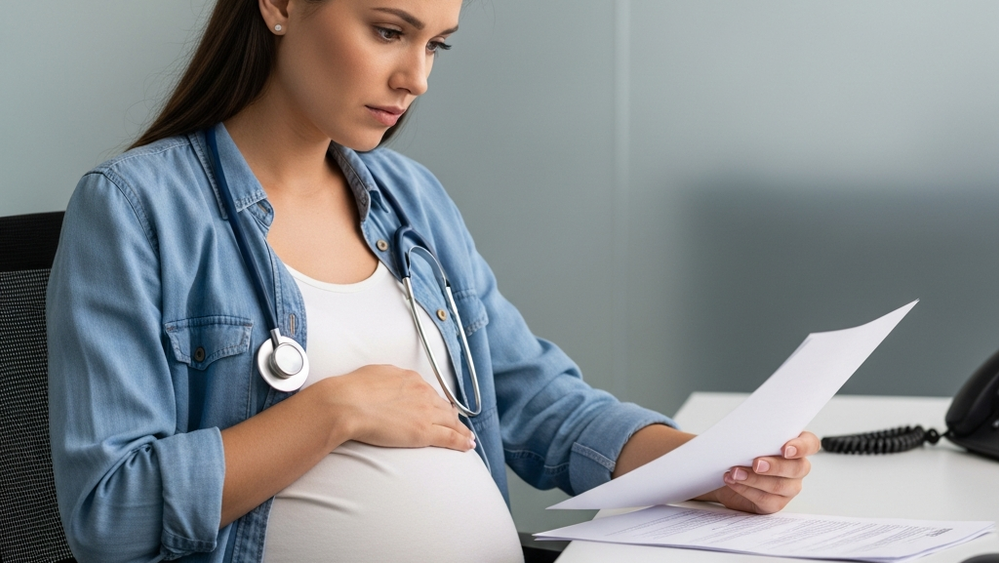 A pregnant woman sitting at a modern office desk looking concerned while holding a folded document, with blurred office background.