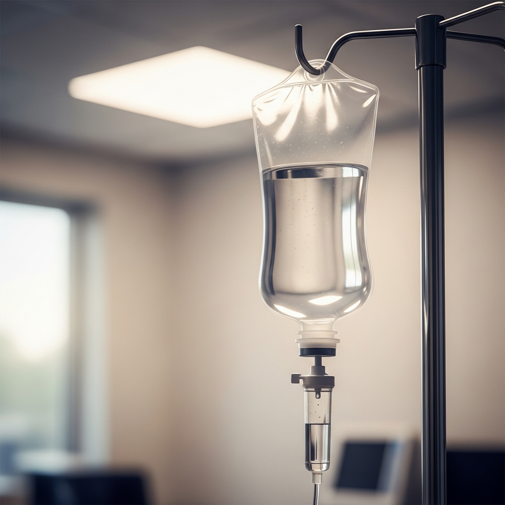 A clear plastic bag of medical saline solution hanging from a metal IV stand in a softly lit clinical room.