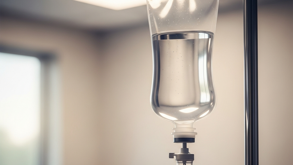 A clear plastic bag of medical saline solution hanging from a metal IV stand in a softly lit clinical room.