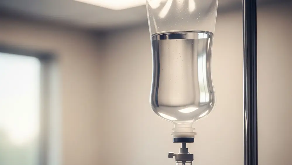 A clear plastic bag of medical saline solution hanging from a metal IV stand in a softly lit clinical room.