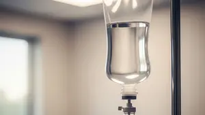 A clear plastic bag of medical saline solution hanging from a metal IV stand in a softly lit clinical room.