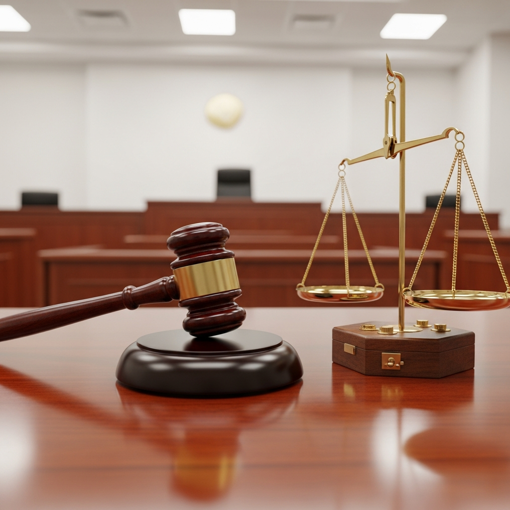 A large wooden gavel resting on a mahogany table next to a stack of balanced metal scales in a brightly lit modern courtroom setting.