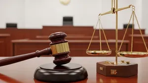 A large wooden gavel resting on a mahogany table next to a stack of balanced metal scales in a brightly lit modern courtroom setting.