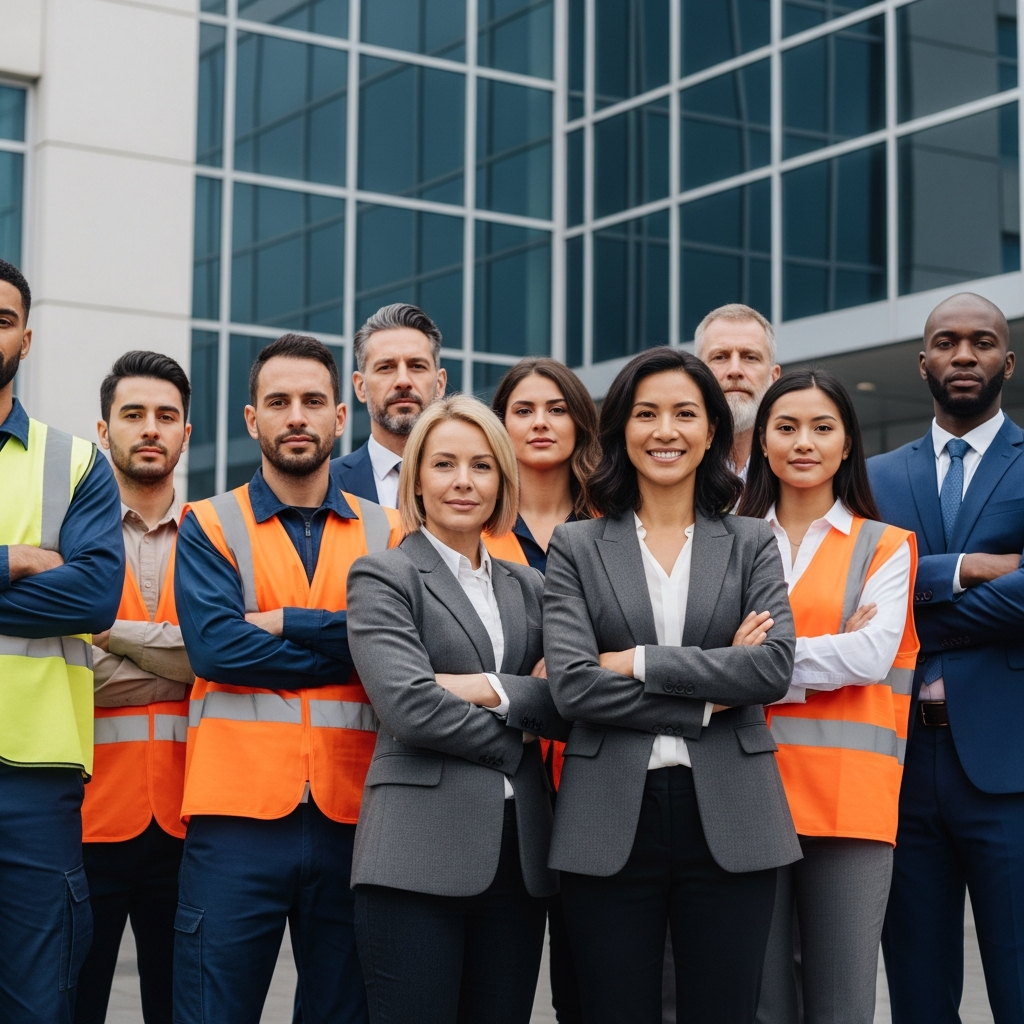 A diverse group of workers in various uniforms, including warehouse vests and office attire, standing together outside a modern corporate headquarters looking empowered.