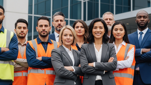 A diverse group of workers in various uniforms, including warehouse vests and office attire, standing together outside a modern corporate headquarters looking empowered.