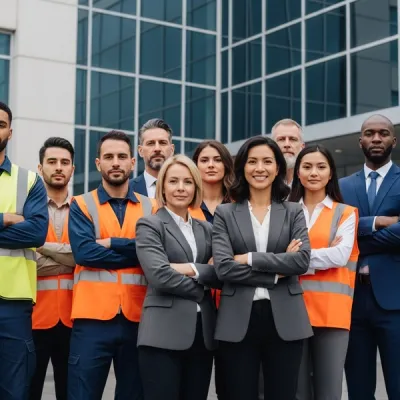 A diverse group of workers in various uniforms, including warehouse vests and office attire, standing together outside a modern corporate headquarters looking empowered.
