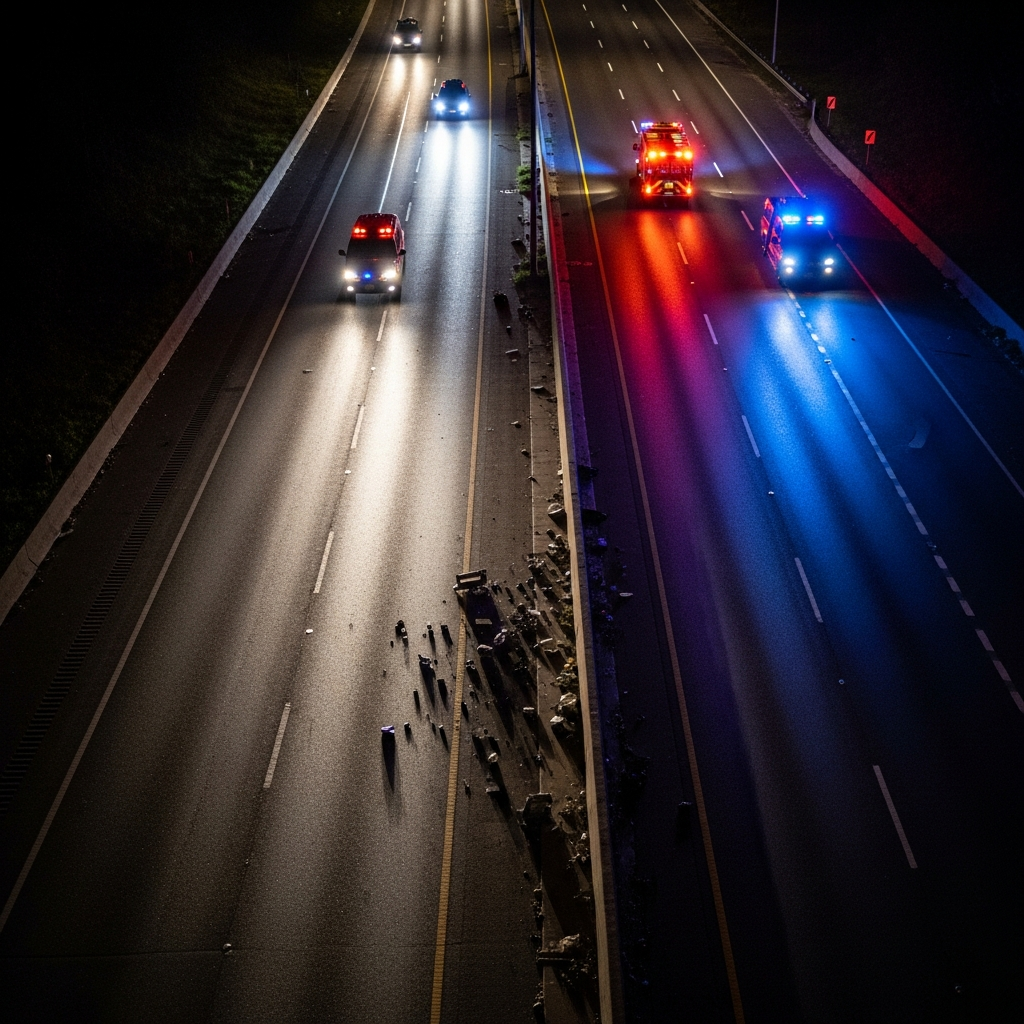 A high-angle view of a multi-lane highway at night with emergency vehicle lights reflecting off the asphalt and debris scattered near a concrete median.