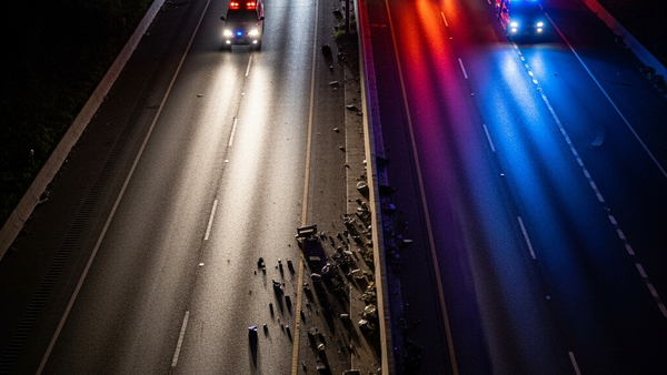 A high-angle view of a multi-lane highway at night with emergency vehicle lights reflecting off the asphalt and debris scattered near a concrete median.