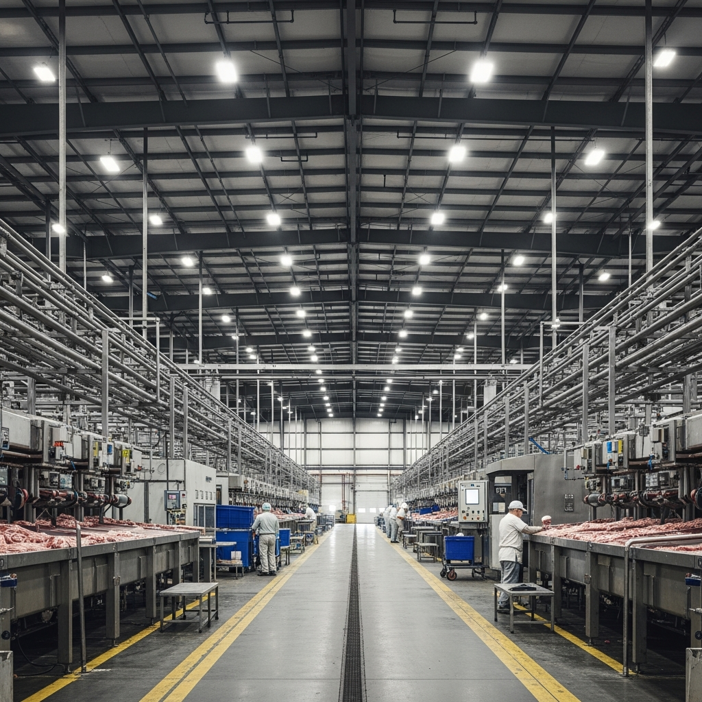 A large industrial meatpacking facility with heavy machinery and workers in protective gear, focusing on the scale of the warehouse-style building.