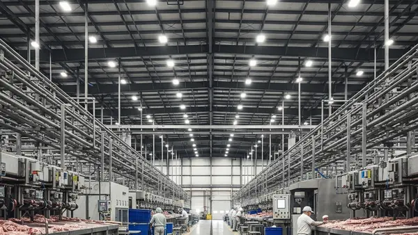 A large industrial meatpacking facility with heavy machinery and workers in protective gear, focusing on the scale of the warehouse-style building.