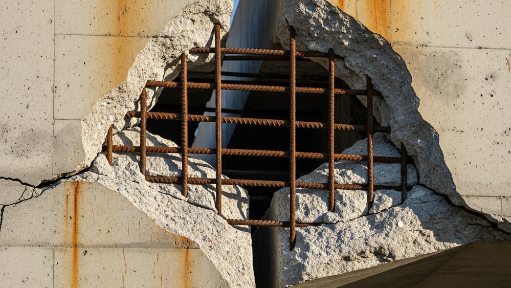 A close-up view of a cracked concrete support beam on a bridge with rusted steel reinforcement bars visible inside the structural failure.
