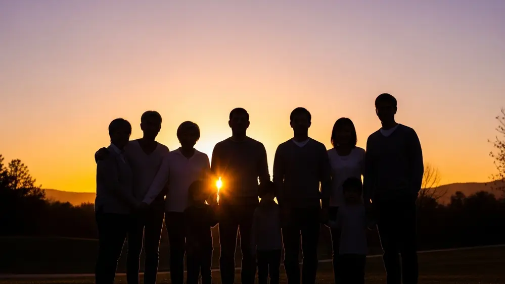 A silhouette of a multi-generational family standing together in a park during sunset, symbolizing legacy and loss.