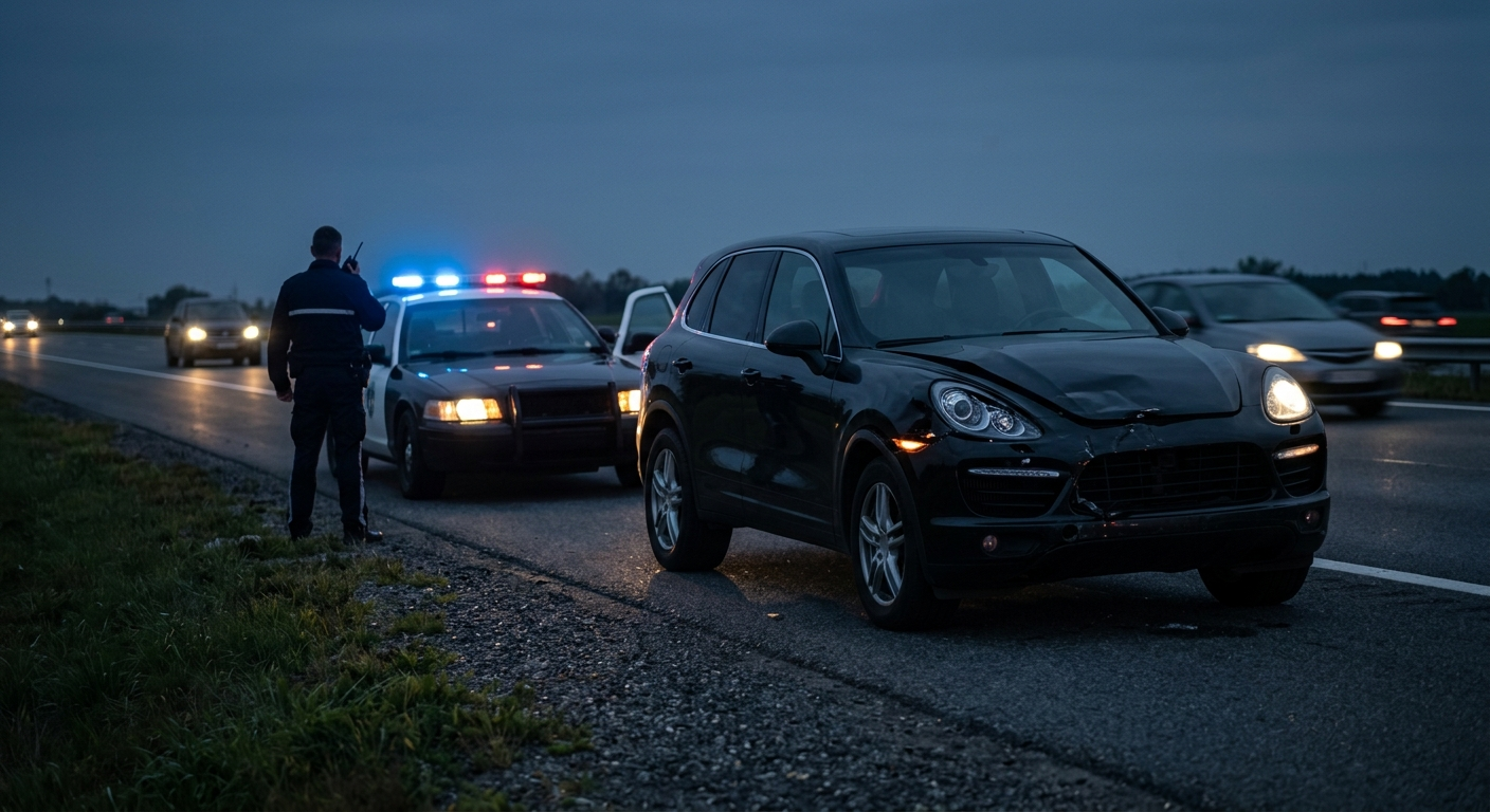 A black luxury SUV with significant front-end damage sits on the shoulder of a darkened highway next to a police cruiser with flashing blue lights.