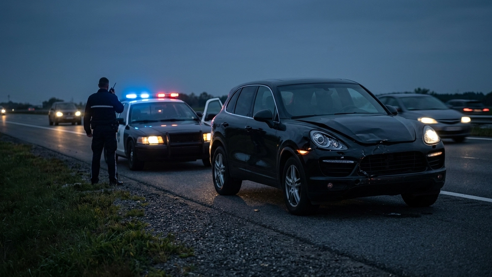 A black luxury SUV with significant front-end damage sits on the shoulder of a darkened highway next to a police cruiser with flashing blue lights.