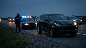 A black luxury SUV with significant front-end damage sits on the shoulder of a darkened highway next to a police cruiser with flashing blue lights.
