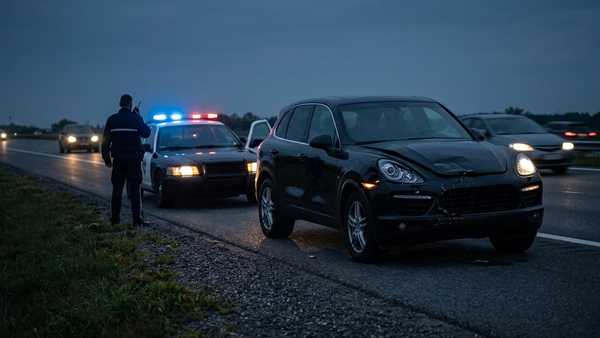 A black luxury SUV with significant front-end damage sits on the shoulder of a darkened highway next to a police cruiser with flashing blue lights.