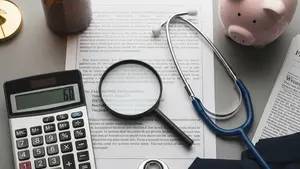 An overhead view of a calculator and a magnifying glass resting on a desk next to a stethoscope and a piggy bank