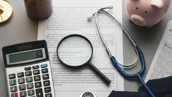 An overhead view of a calculator and a magnifying glass resting on a desk next to a stethoscope and a piggy bank