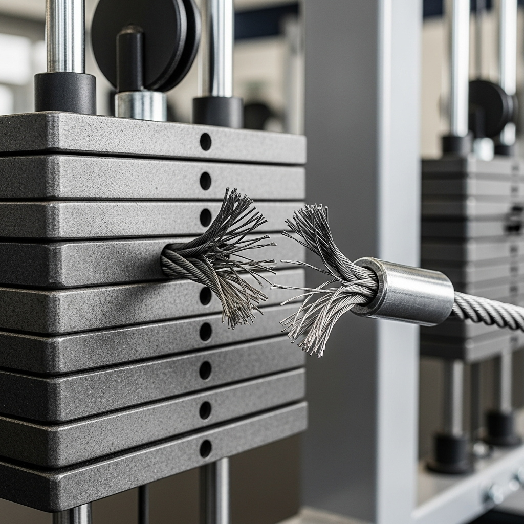 A close-up of a heavy metal weight stack on a cable exercise machine where one of the steel cables appears frayed and snapped