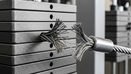 A close-up of a heavy metal weight stack on a cable exercise machine where one of the steel cables appears frayed and snapped