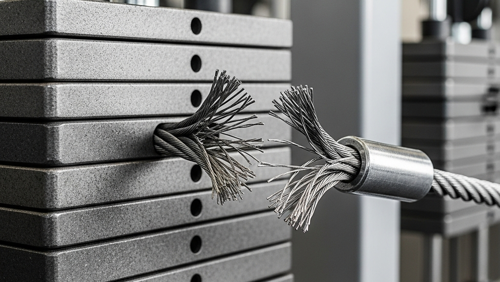 A close-up of a heavy metal weight stack on a cable exercise machine where one of the steel cables appears frayed and snapped