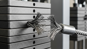 A close-up of a heavy metal weight stack on a cable exercise machine where one of the steel cables appears frayed and snapped