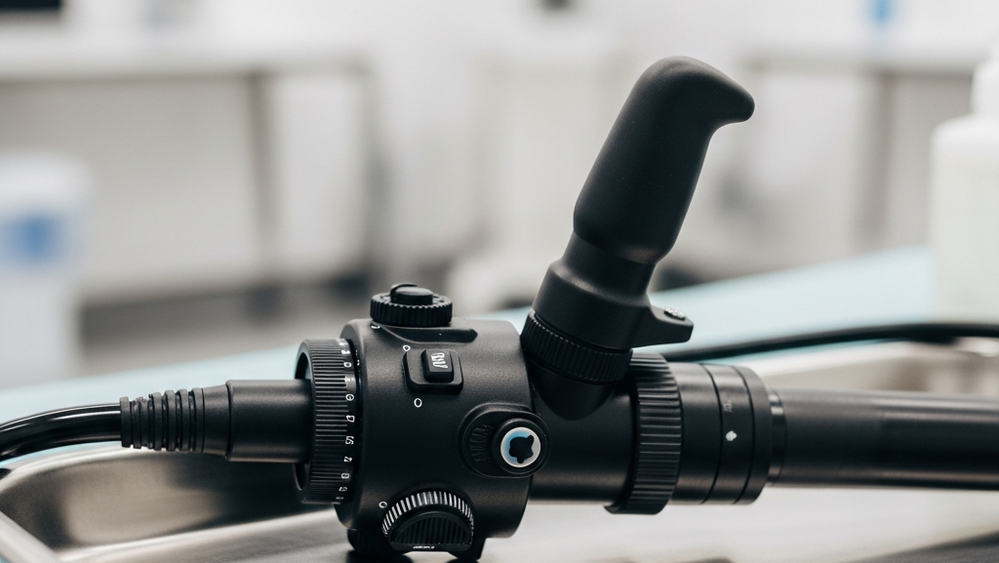 A detailed close-up of a black, flexible medical endoscope with a complex handle and dial controls resting on a sterile stainless steel tray in a medical clinic.