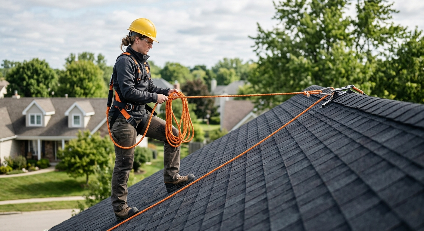 A professional roofer wearing a safety harness and a yellow hard hat stands on a steep residential roof with safety ropes extending toward the roof peak.
