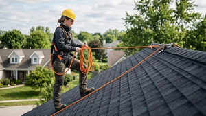 A professional roofer wearing a safety harness and a yellow hard hat stands on a steep residential roof with safety ropes extending toward the roof peak.